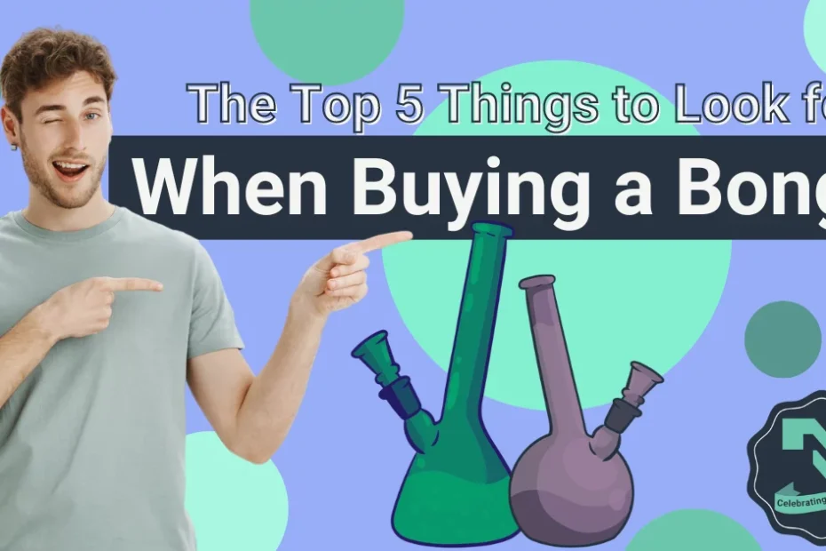 The text, 'The Top 5 Things to Look for When Buying a Bong' appears to the right of a brunette man in a gray shirt, winking and pointing to the words with both hands. Below the words are green and purple illustrated bongs. The background is periwinkle blue with dots of green in varying shapes and sizes sprinkled across it