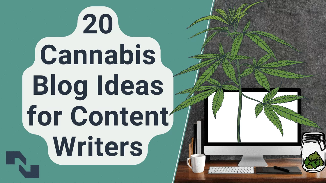 The text 20 Cannabis Blog Topic Ideas for Content Writers appears to the left of a mixed media illustration showing a cannabis plant growing out of a desktop computer.