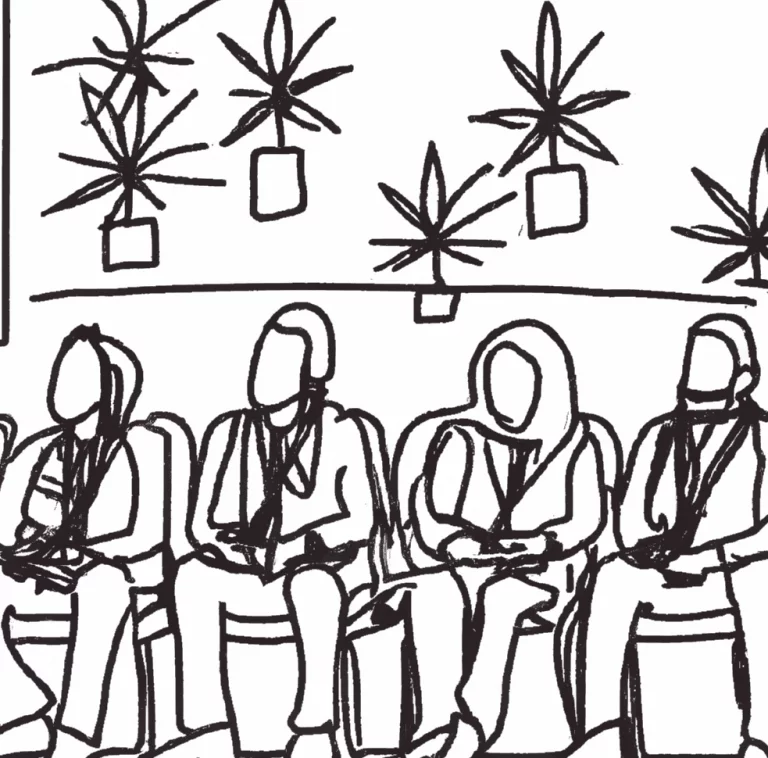 A one-line drawing depicting a panel of people in front of a wall decorated with cannabis leaves.