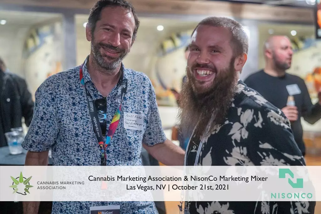 Cannabeta Realty VP of Real Estate Daniel Kahn with NisonCo PR Account Manager Lucas Wentworth at the Cannabis Marketing Association and NisonCo Marketing Mixer at MJBizCon 2021.