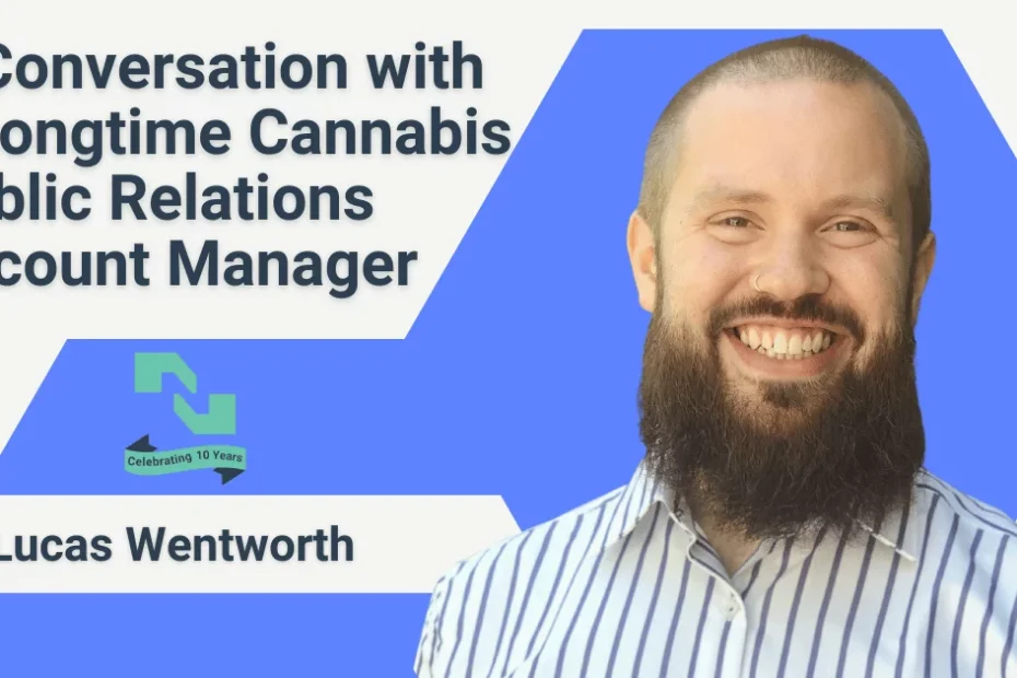 NisonCo cannabis PR Account Manager Lucas Wentworth is beside the text; A conversation with a longtime cannabis public relations account manage; There is a blue and white background