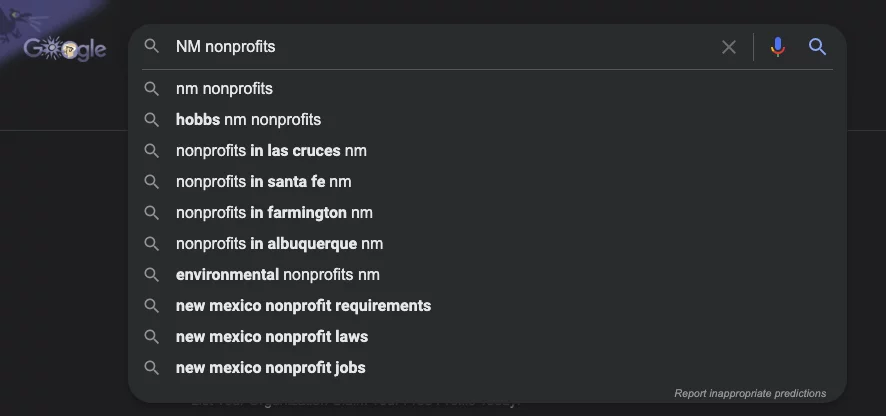 A Google search of "NM nonprofits" shows a suggestive list of potential searches.
