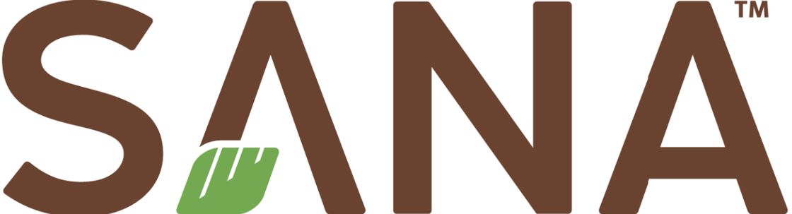 Sana logo in brown, all caps, san serif font with a green leaf on the first A.