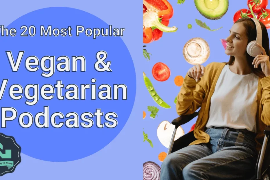 The text, 'The 20 Most Popular Vegetarian and Vegan Podcasts' appears to the left of a woman in a wheelchair with headphones on and vegetables in the background.