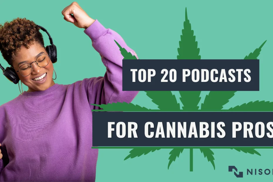 A woman wearing purple sweatshirt and headphones is fist-pumping, while the text Top 20 Podcasts for Cannabis Pros is superimposed over a cartoon cannabis leaf.