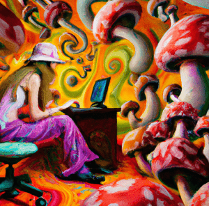 An expressive oil painting of a woman sitting down to type on a computer with psychedelic mushrooms swirling around them.