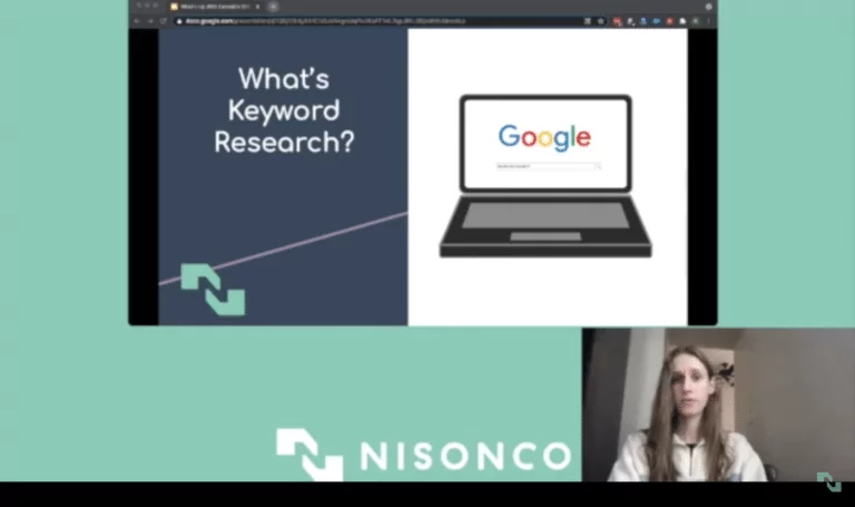 NisonCo SEO writer Kelly is pictured in a YouTube screenshot for Beginner Cannabis SEO Keyword and Search Phrase Research