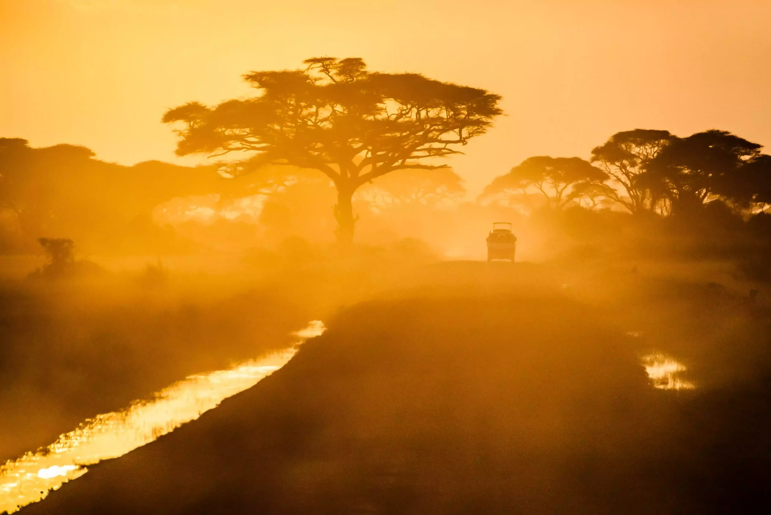 A vehicle drives down a dusty Kenyan road at the golden sunset hour