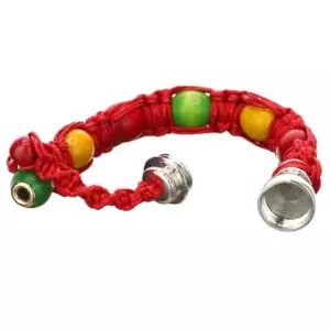 The Daily High Club's The Danklet is shown. It is red with painted wooden beads and a hidden smoking chamber running the length.
