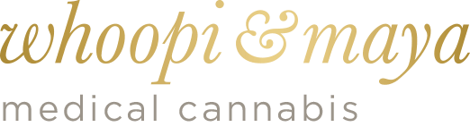 Whoopi & Maya logo in gold font, a medical cannabis brand co-owned by Whoopi Goldberg.