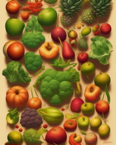 A poster with dozens of fruits and vegetables illustrated, from pumpkins to broccoli and peppers.