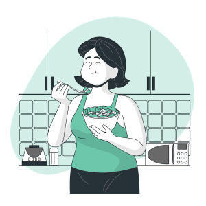 Illustration of a person enjoying a bowl of vegan food before returning to work on vegan PR services. As a leading vegan PR agency, NisonCo offers vegan marketing and vegan SEO services to help plant-based companies grow and expand their reach.