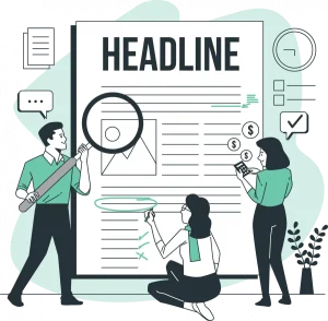 Illustration of people working on a large headline article, representing NisonCo's PR services for startups. As a PR agency for startups, NisonCo offers PR for startups and SEO for startups to help businesses in emerging industries grow and establish themselves as industry leaders.
