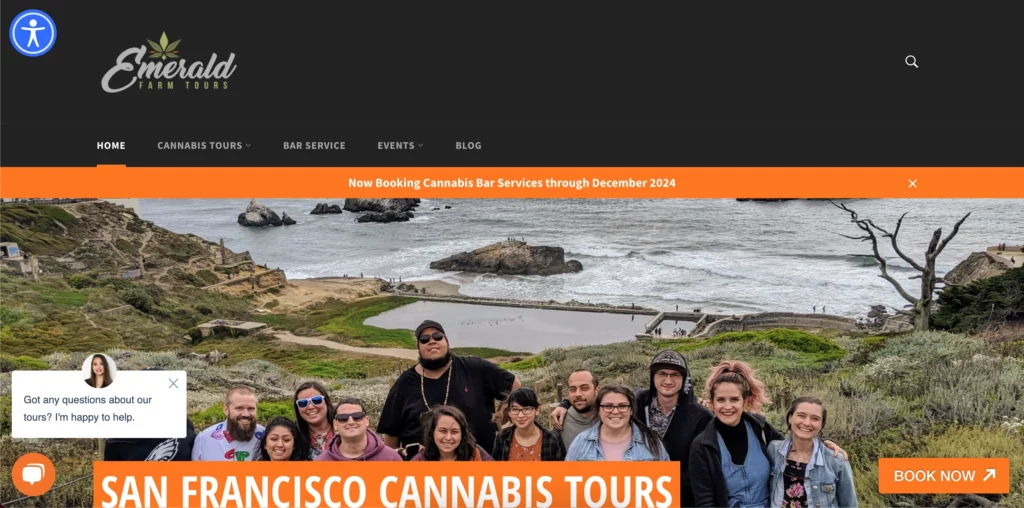 Desktop view of the homepage on EmeraldFarmTours.com with accessibility tool and scheduling CTA for the cannabis tours.