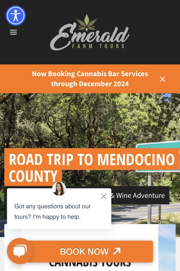 Mobile responsive view of the Emerald Farm Tours homepage with Book Now CTA and chat feature.