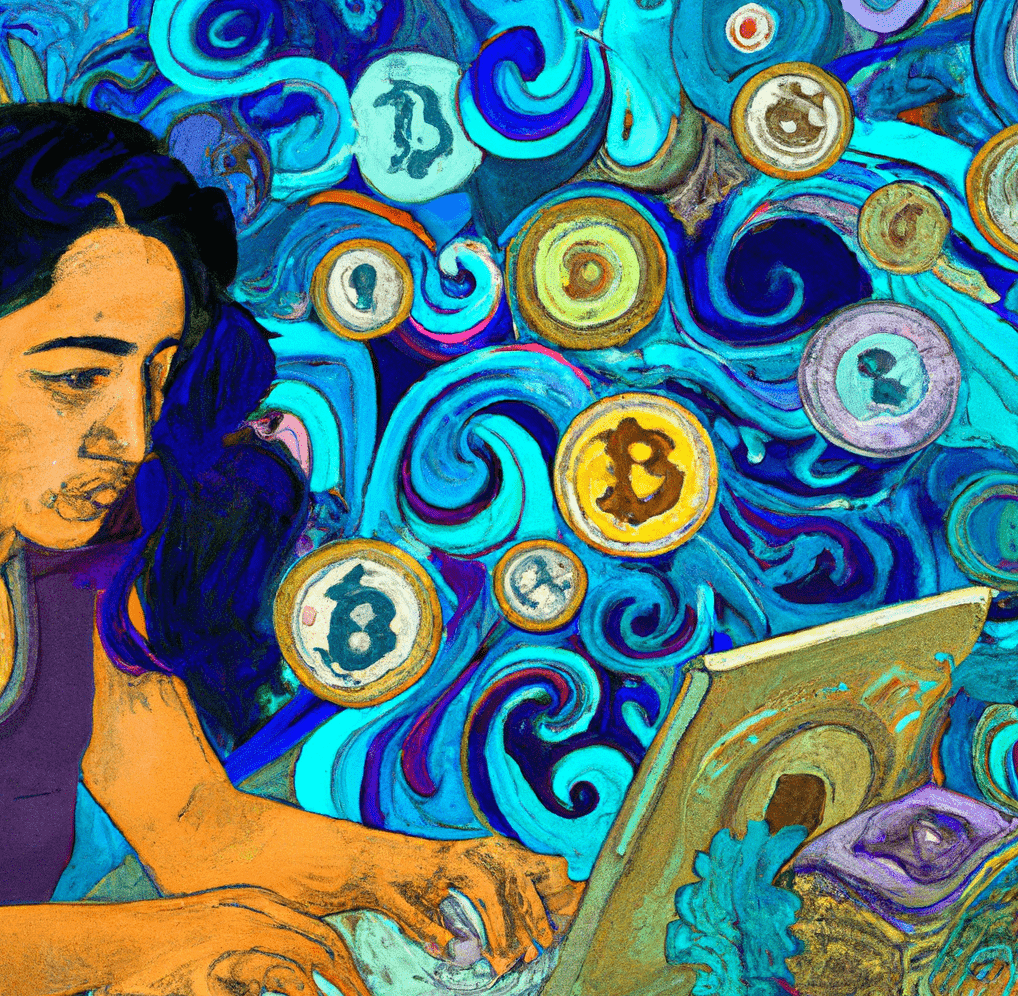 A Van Gogh style painting of a woman typing on a computer while various types of cryptocurrency swirl around her