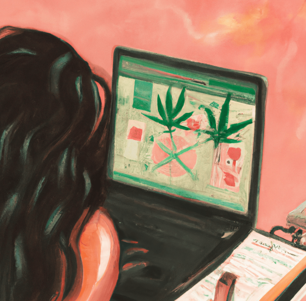 An impressionist style image of a woman seen sitting in front of a laptop, seen from the back. She has black hair and we see she is planning something with cannabis leaves on the screen. She seems to be content marketing her cannabis content calendar.