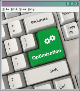 A keyboard "Enter" key has been swapped out for a green "Optimization" button with two gears.