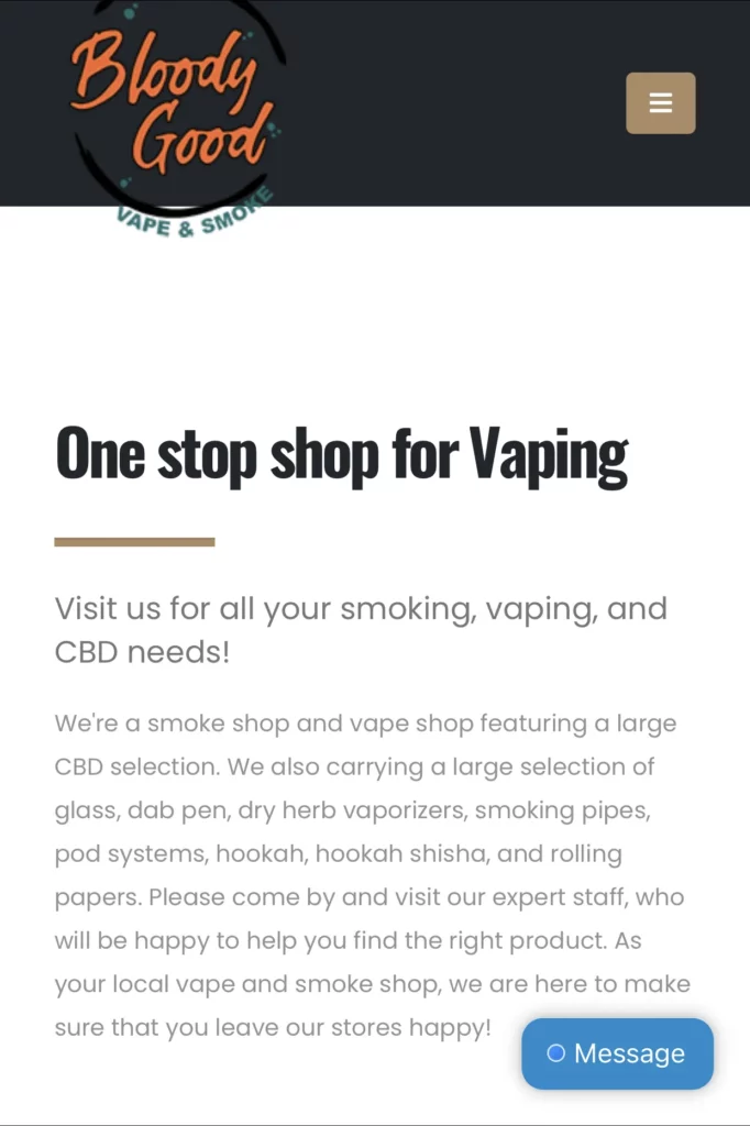 Responsive mobile view of the Bloody Good Vape & Smoke home page, complete with chat feature and easy-to-read text.
