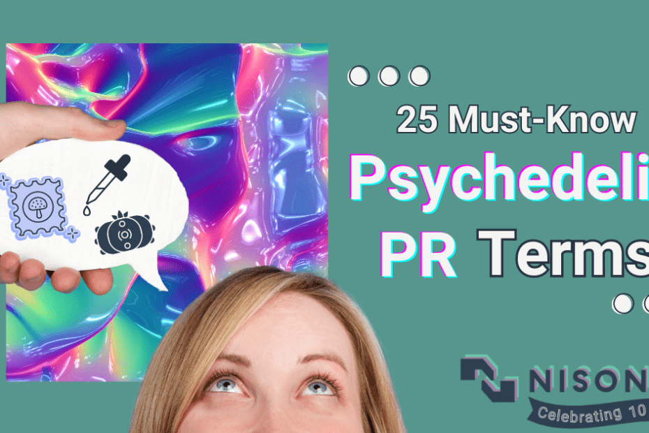 The text, ' 25 Must-Know Psychedelic PR Terms" appears to the right of a woman cut off across the nose, so we only see her eyes looking up at a speech bubble containing images of a stamp with a mushroom on it, a peyote cactus and dropper. All are superimposed on a multicolor psychedelic pattern.