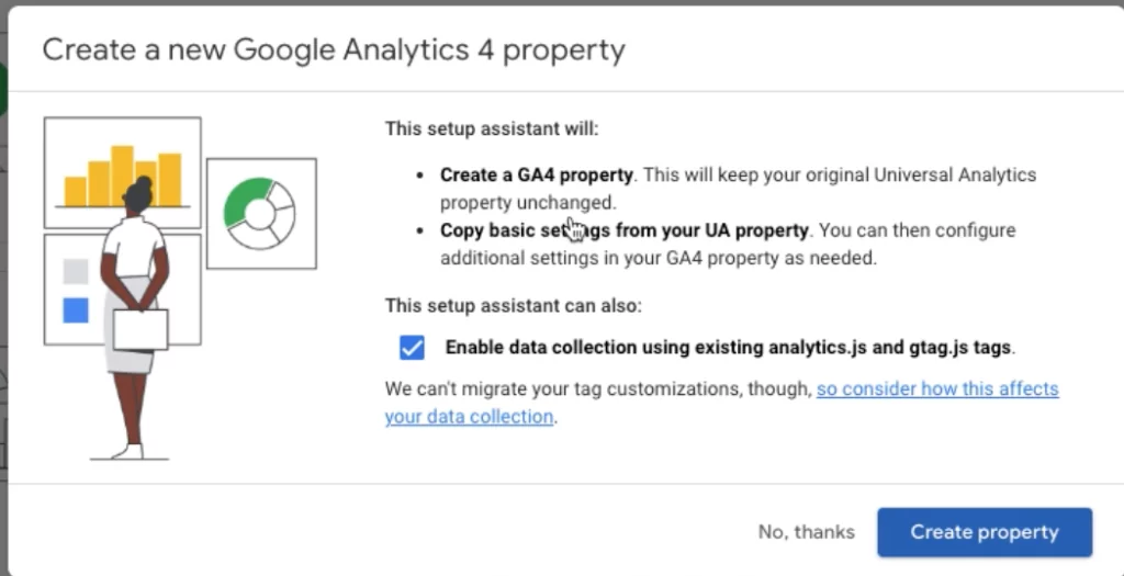 After you click “Get Started,” you’ll see information about what the setup assistant will do for you. Click the blue button that says “Create property” to go on. 