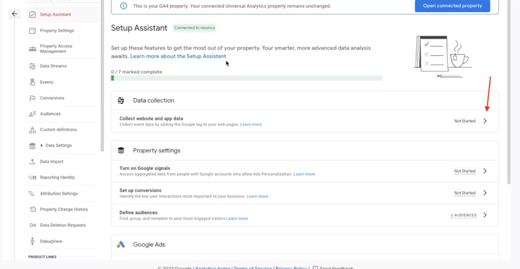 Under “Data Collection,” click the arrow next to “Not Started” for the category reading “Collect website and app data.”