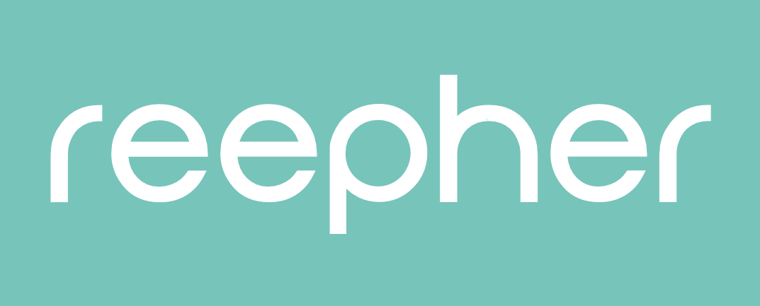 reepher logo, san serif white font, on turquoise square background.