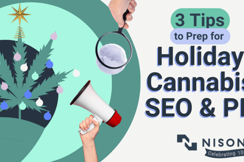 The text, '3 Tips to Prep for Holiday Cannabis SEO & PR' appears to the right of a mixed-media graphic, depicting a cannabis leaf decorated with holiday ornaments. An arm holding a megaphone and another arm holding a magnifying lens examining the worldwide web are between the text and cannabis holiday tree. Cannabis PR