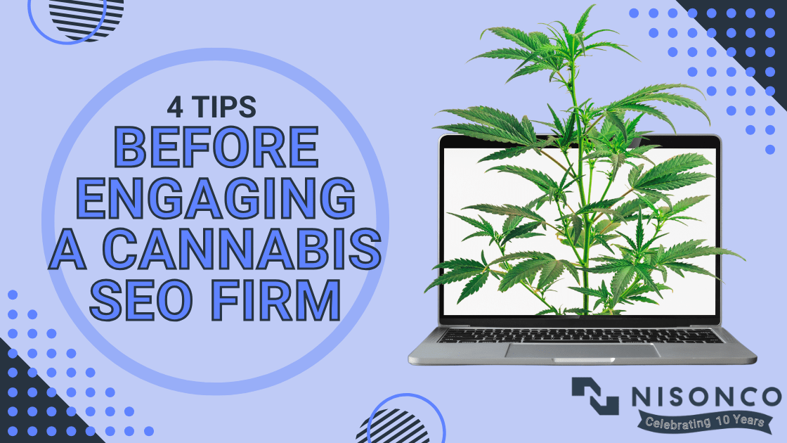 The text, '4 Tips before Engaging with a Cannabis SEO Firm' appear in a circle to the left of a multimedia illustration of a cannabis plant growing out of a laptop screen.