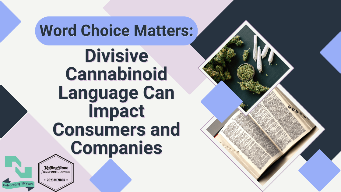 The text, 'Word Choice Matters Divisive Cannabinoid Language Can Impact Consumers and Companies' appears to the left of images of cannabis and a dictionary.