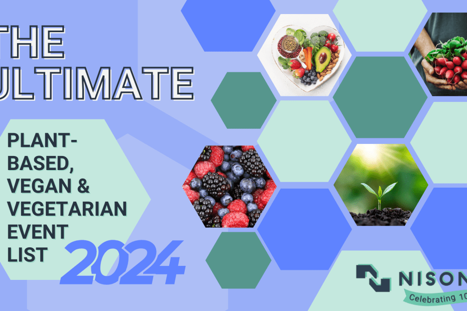 The text 'The Ultimate 2024 Plant-Based, Vegan, and Vegetarian Conference Event List' appears to the left of hexagons decorated with fruit, vegetables, a sprout and a hand holding radishes.