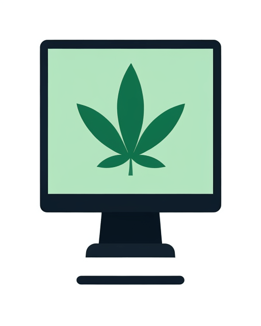 A 2d flat illustration of a cannabis leaf on a computer monitor.