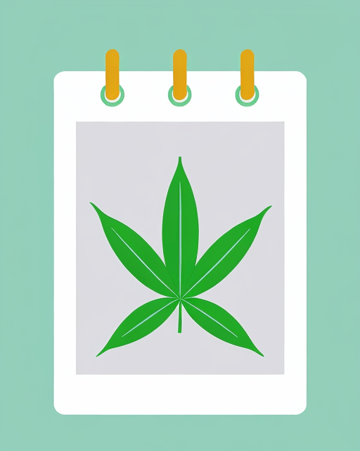 A flat line drawing of a cannabis leaf on the cover of a flip-top notebook on a green background