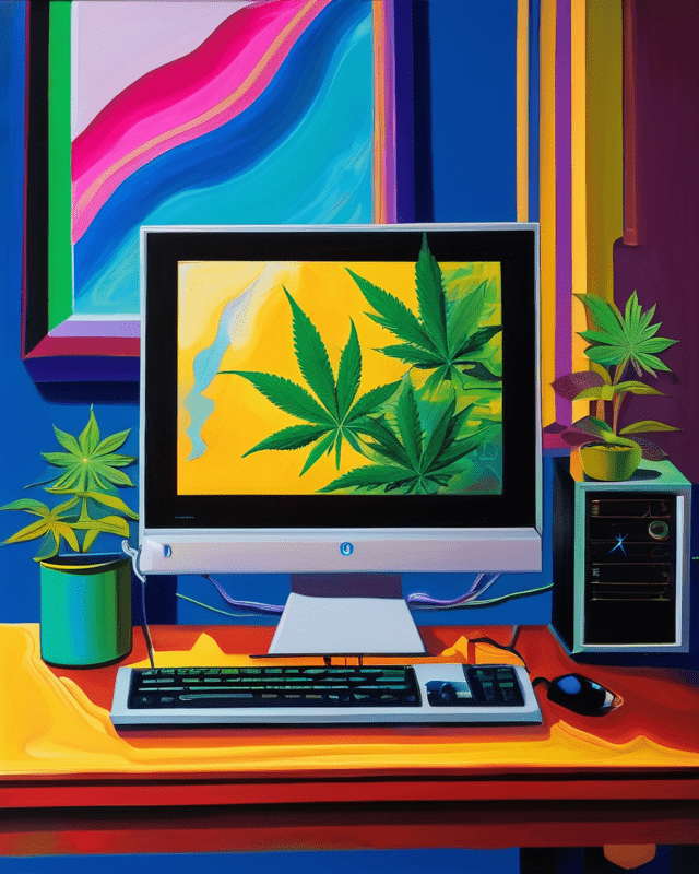 A brightly colored expressive oil painting shows a desktop computer with cannabis plants in pots on the desk and on the screen of the computer, alluding to LinkedIn social media cannabis marketing connections happening.