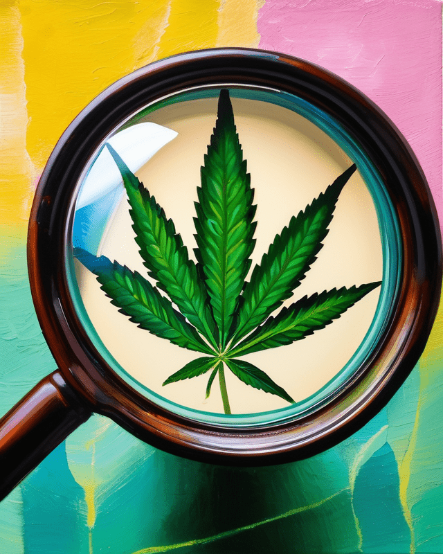 A brightly colored expressive oil painting depicting a cannabis leaf being seen through a magnifying glass.