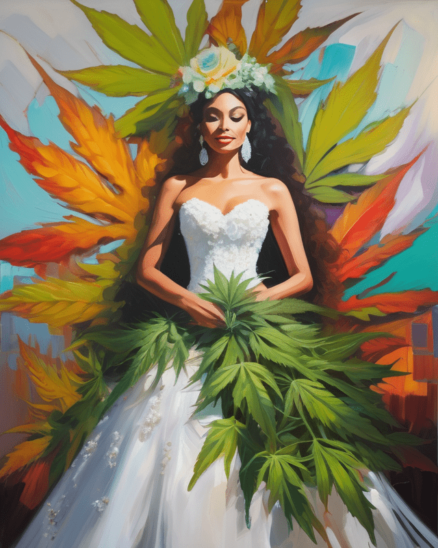 A brightly colored expressive oil painting depicts a woman in a wedding dress with cannabis flowers flowing around her waist to the ground and a background of enormous cannabis leaves in various states of oxidation.