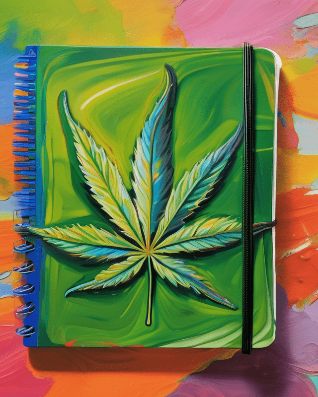 A cannabis reporters notebook. An expressive oil painting of a cannabis leaf sitting atop a spiralbound notebook.
