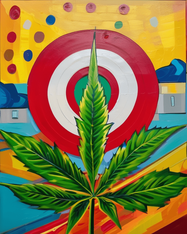 A Brightly Colored Expressive Oil Painting Of a target with a cannabis leaf in the center