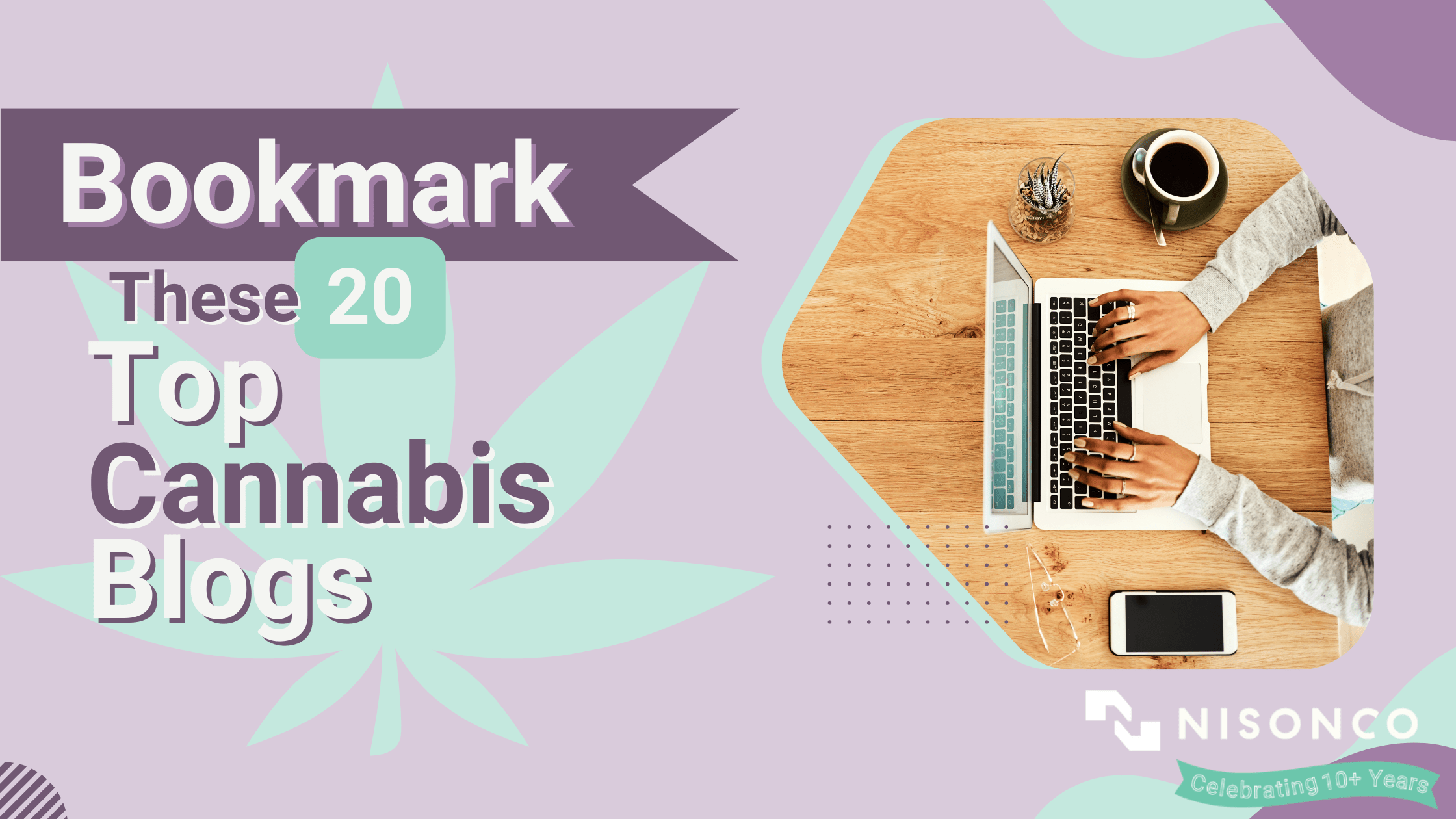 The text Bookmark These 20 Top Cannabis Blogs is superceded on the image of a cannabis leaf, to the right is an image from above of a laptop with someone typing on it.