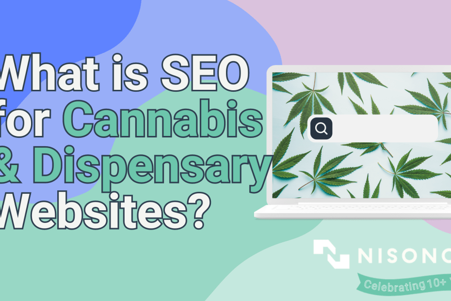 The text 'What is SEO for Cannabis & Dispensary Websites is to the left of a white laptop displaying a search engine bar over a cannabis leaf pattern