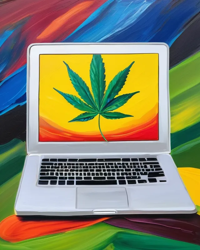 A brightly colored expressive oil painting of a cannabis leaf on a computer laptop screen