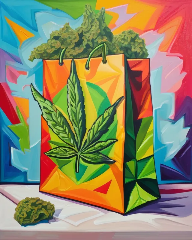 A colorful impressionistic image of a cannabis leaf on a delivery bag overflowing with cannabis nuggets.