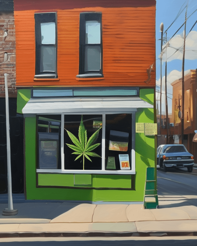 An impressionistic oil painting of a cannabis dispensary storefront, displaying a large cannabis leaf in the window.
