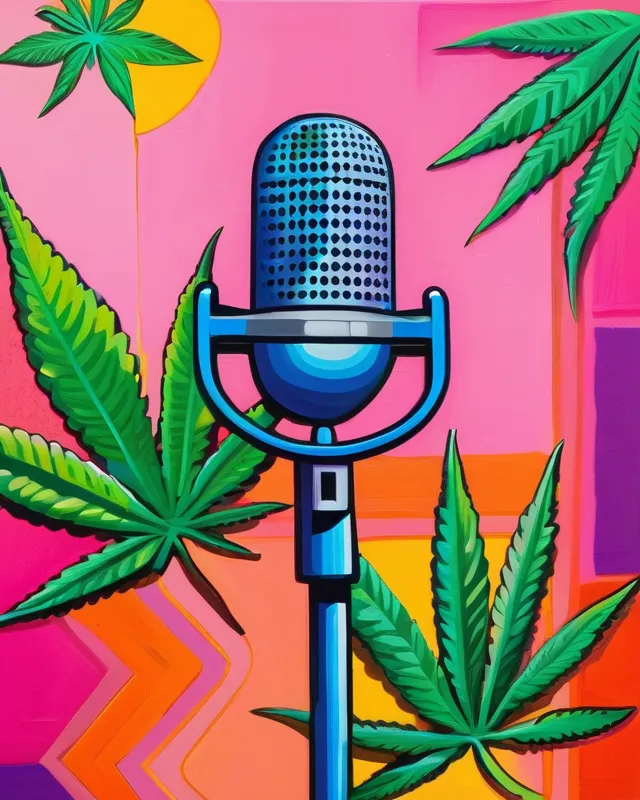 A brightly colored expressive oil painting of a podcast microphone with cannabis leaves and geometric shapes in the background.