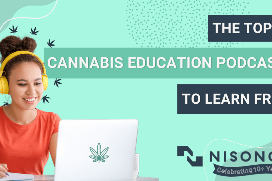 The text The Top 10 Cannabis Education Podcasts to Learn From is to the right of a young woman in an orange shirt and yellow headphones sitting at a laptop with a cannabis icon in place of the logo. A wreath of cannabis leaves floats around her head.