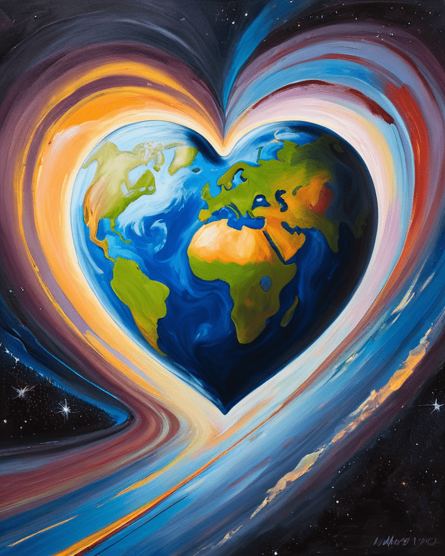 An Expressive Oil Painting Of A Heart-Shaped Earth Seen From Afar In Space.