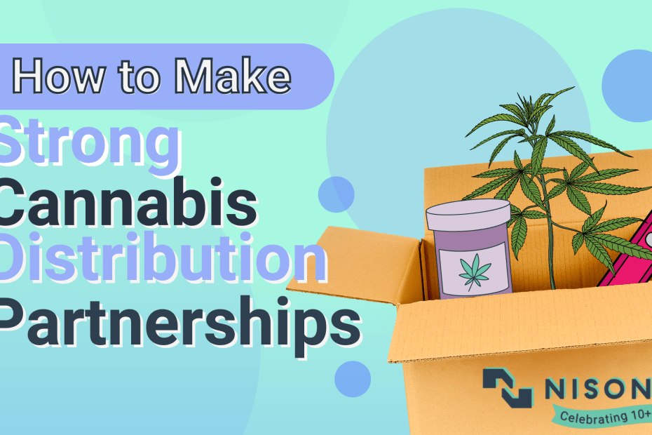 The text 'How to Make Strong Cannabis Distribution Partnerships' is to the left of a cardboard box with a cannabis plant, prescription and vape inside.