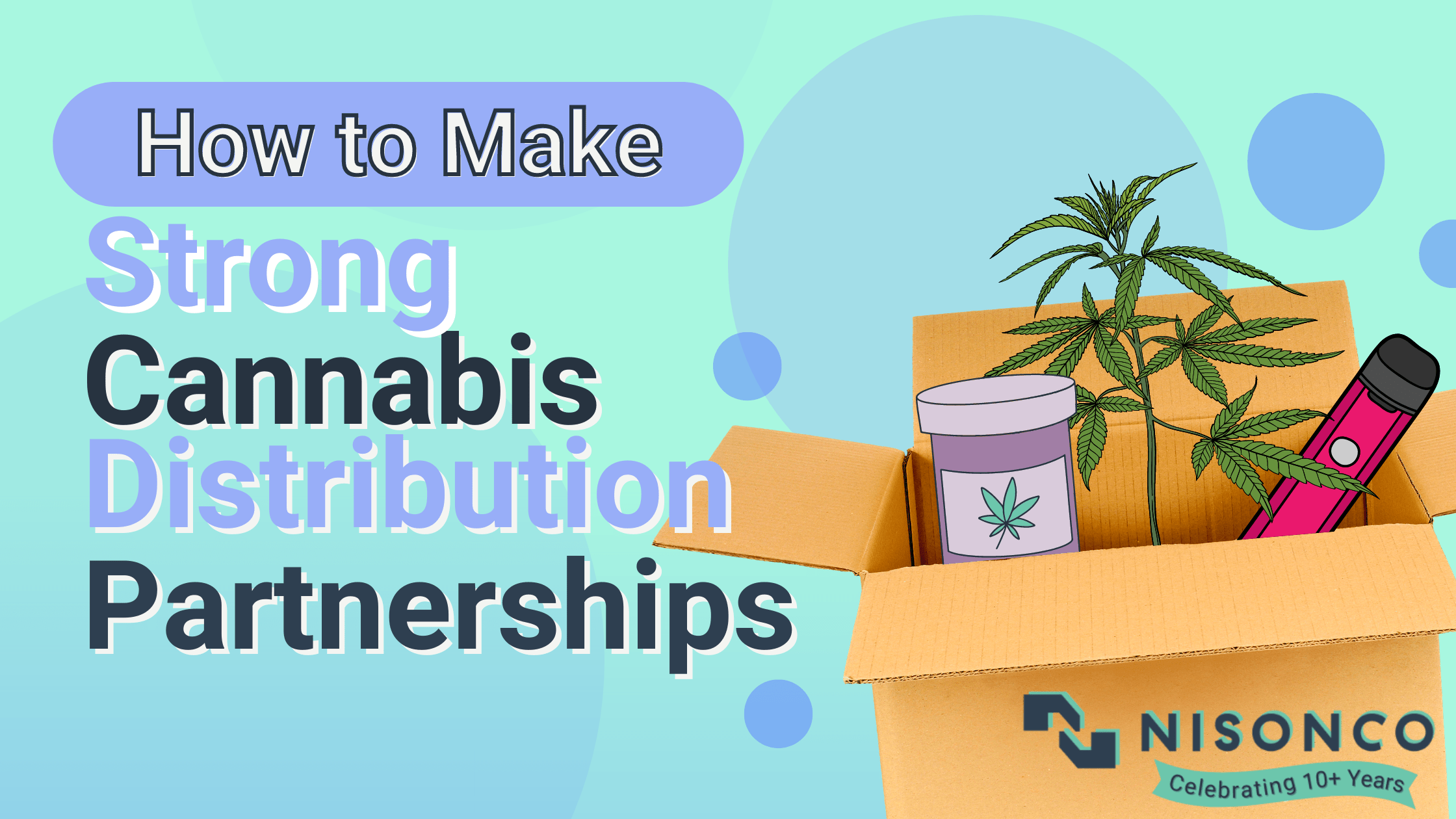 The text 'How to Make Strong Cannabis Distribution Partnerships' is to the left of a cardboard box with a cannabis plant, prescription and vape inside.
