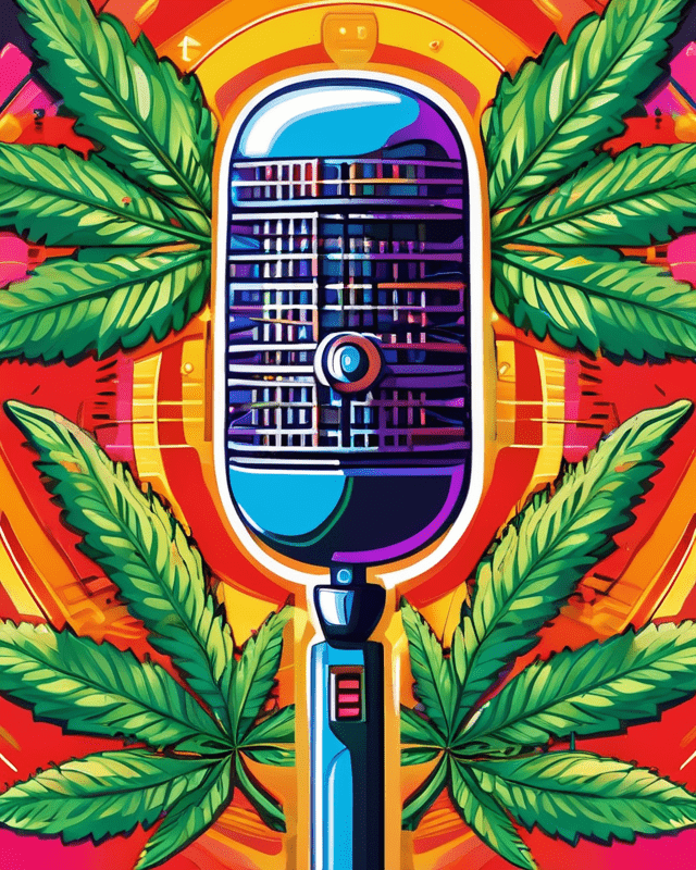A brightly colored expressive oil painting of a radio microphone on a stand with cannabis leaves behind it.