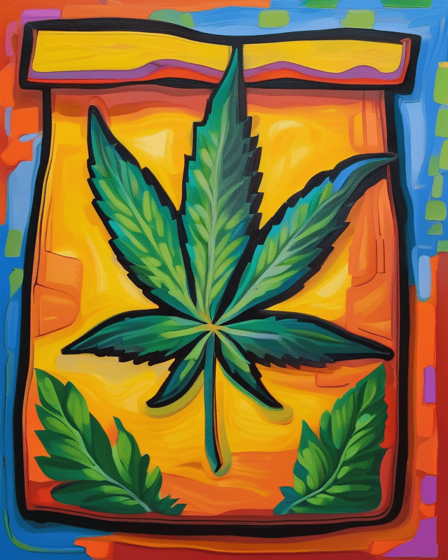 A brightly colored impressionistic painting of a cannabis leaf on a paper bag.